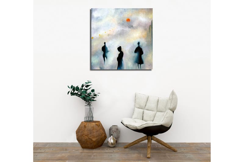 Lerretsbilde - Silhuetter av mennesker i et tåkete bybilde - Mørk blå / Grå / Oransje - Innredning - Bilder & kunst - Lerretsbilder