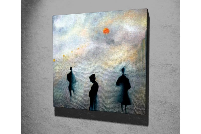Lerretsbilde - Silhuetter av mennesker i et tåkete bybilde - Mørk blå / Grå / Oransje - Innredning - Bilder & kunst - Lerretsbilder