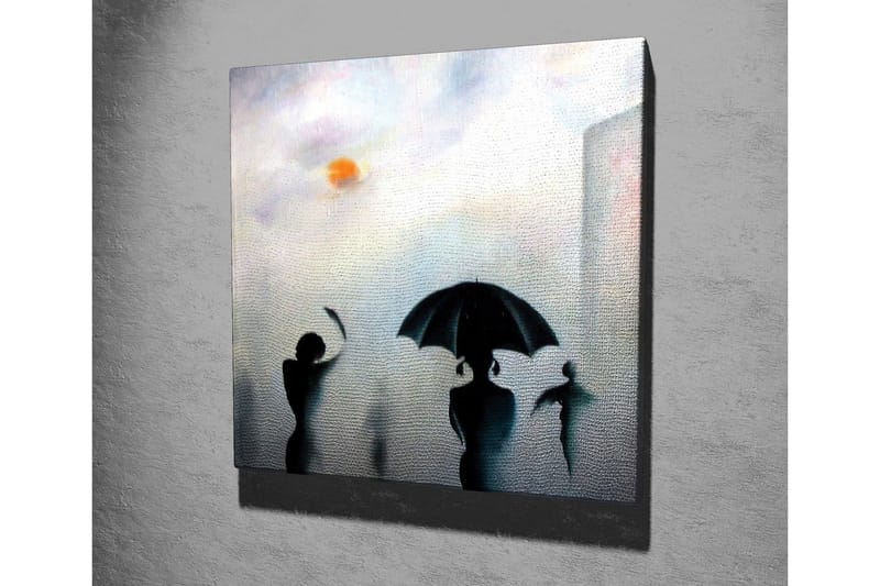 Lerretsbilde - Silhuetter av mennesker med paraplyer i et tåkete bymiljø - Svart / Grå / Oransje - Innredning - Bilder & kunst - Lerretsbilder