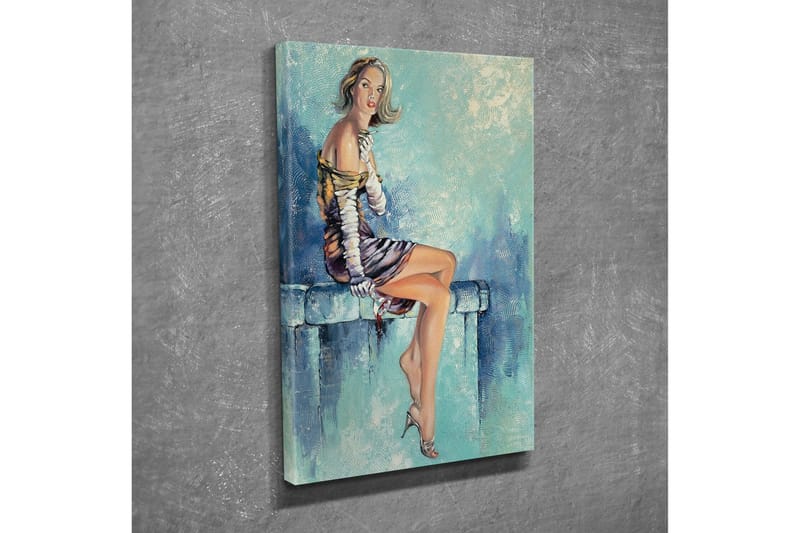 Lerretsbilde - Sittende kvinne i elegant kjole med en forførende positur - Blå / Beige / Brun - Innredning - Bilder & kunst - Lerretsbilder