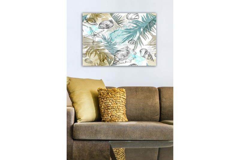 Lerretsbilde - Sjømotiv med skjell og palmeblader - Blå / Beige / Grønn - Innredning - Bilder & kunst - Lerretsbilder