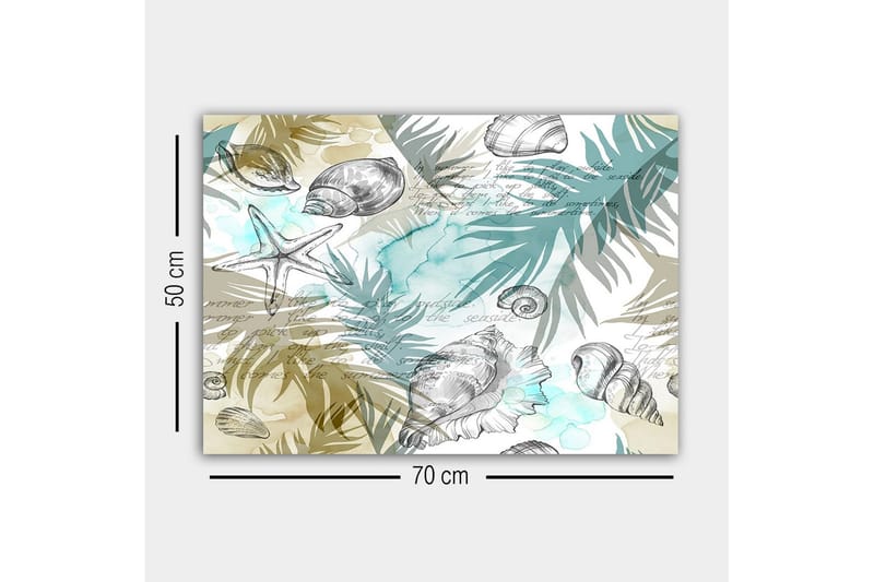 Lerretsbilde - Sjømotiv med skjell og palmeblader - Blå / Beige / Grønn - Innredning - Bilder & kunst - Lerretsbilder