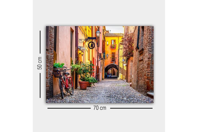 Lerretsbilde - Sjarmerende gate med sykkel og fargerike bygninger - Oransje / Grønn / Rød - Innredning - Bilder & kunst - Lerretsbilder