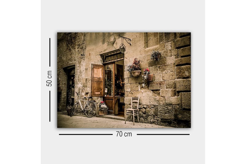 Lerretsbilde - Sjarmerende gatebilde med sykkel og åpen dør til butikk - Beige / Brun / Grønn - Innredning - Bilder & kunst - Lerretsbilder