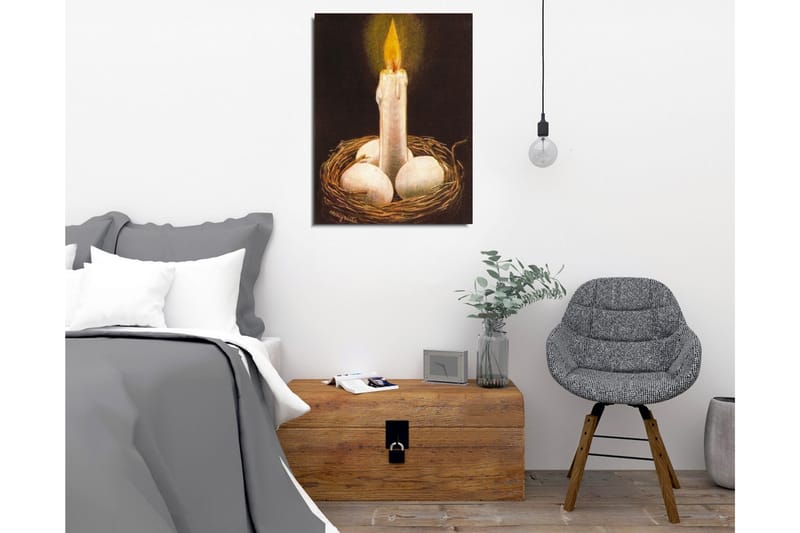 Lerretsbilde - Skinnende lys i et rede med egg - Hvit / Brun / Gul - Innredning - Bilder & kunst - Lerretsbilder