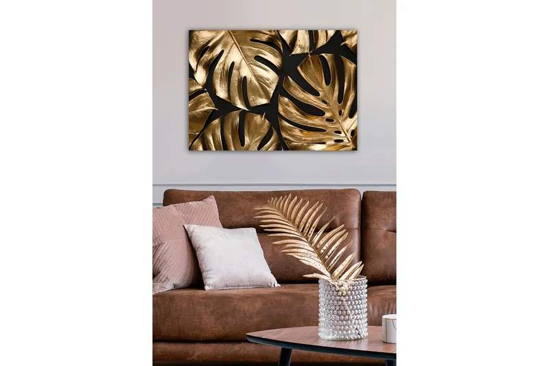 Lerretsbilde - Skinnende monsterablader i gulltoner - Gull / Svart - Innredning - Bilder & kunst - Lerretsbilder