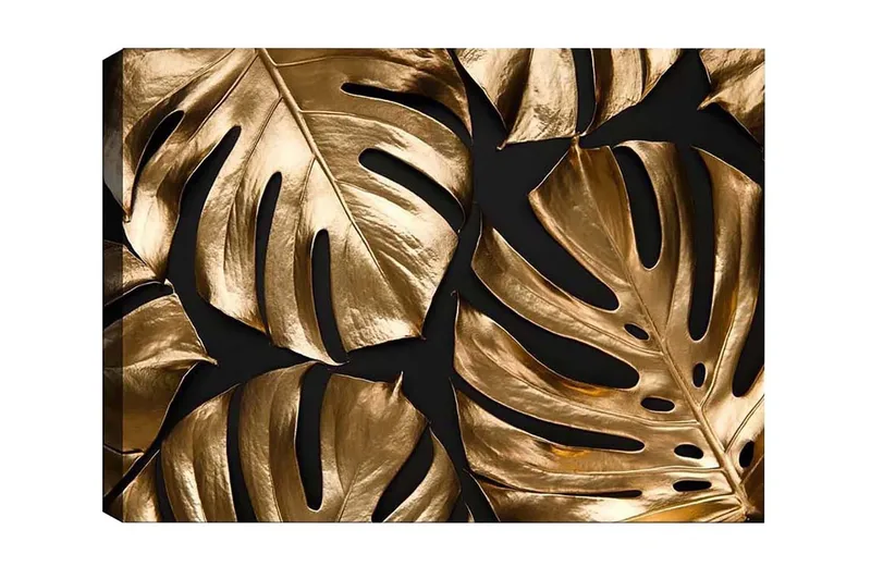 Lerretsbilde - Skinnende monsterablader i gulltoner, Gull / Svart