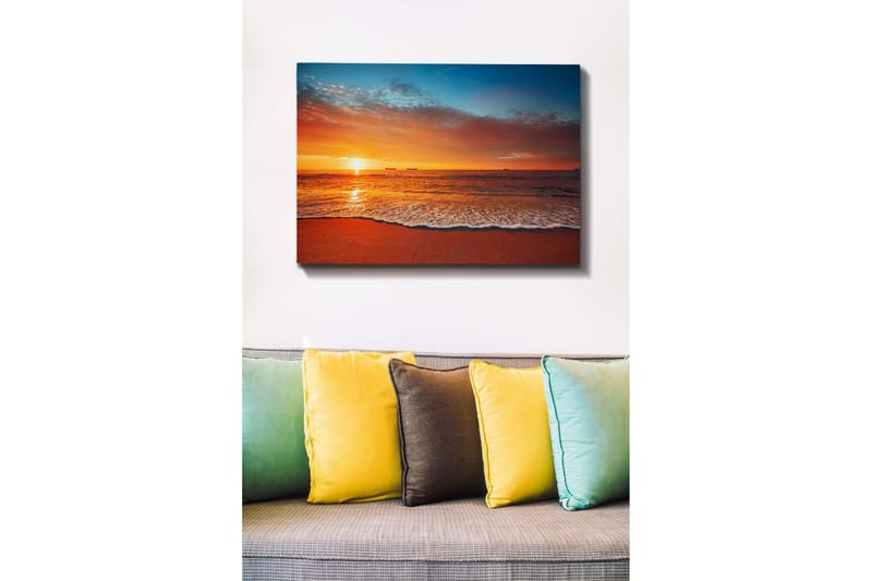 Lerretsbilde - Solnedgang over havet med myke bølger på stranden - Oransje / Blå / Beige - Innredning - Bilder & kunst - Lerretsbilder