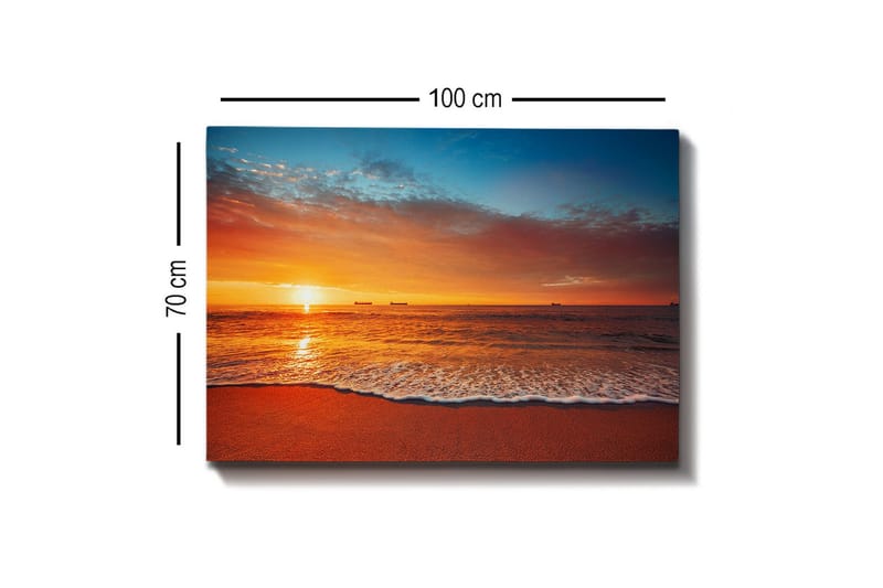 Lerretsbilde - Solnedgang over havet med myke bølger på stranden - Oransje / Blå / Beige - Innredning - Bilder & kunst - Lerretsbilder