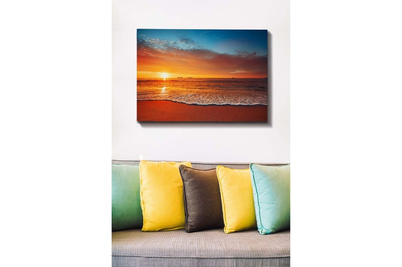 Lerretsbilde - Solnedgang over havet med myke bølger på stranden - Oransje / Blå / Beige - Innredning - Bilder & kunst - Lerretsbilder