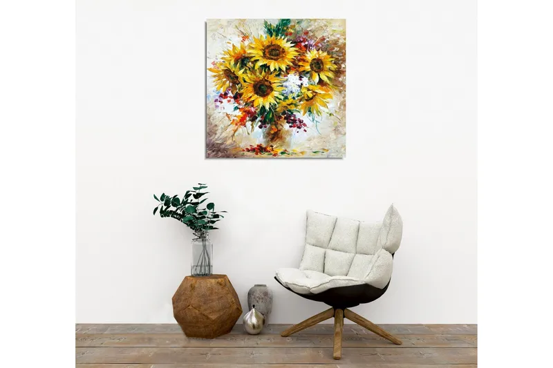 Lerretsbilde - Solsikker i en fargerik bukett - Gul / Grønn / Brun - Innredning - Bilder & kunst - Lerretsbilder