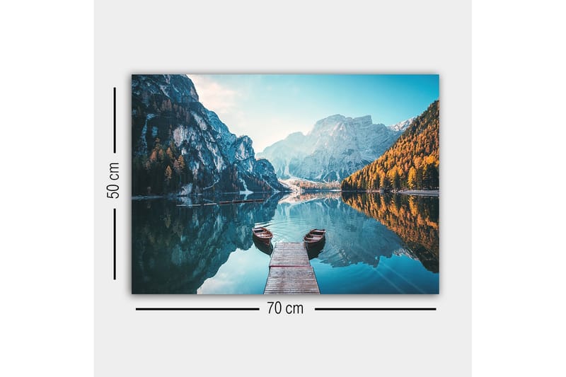 Lerretsbilde - Speillignende innsjø med fjell og høstfargede trær - Blå / Oransje / Grønn - Innredning - Bilder & kunst - Lerretsbilder