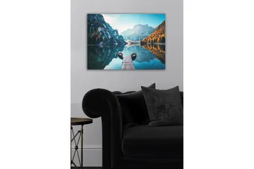 Lerretsbilde - Speillignende innsjø med fjell og høstfargede trær - Blå / Oransje / Grønn - Innredning - Bilder & kunst - Lerretsbilder