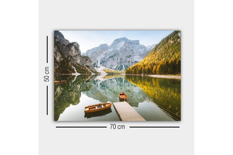 Lerretsbilde - Speillignende innsjø med fjell og høstfargede trær - Grønn / Oransje / Blå - Innredning - Bilder & kunst - Lerretsbilder