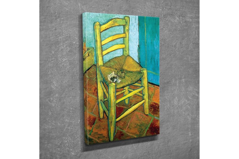 Lerretsbilde - Stående stol med stråsete og en liten dekorasjon på setet - Gul / Grønn / Oransje - Innredning - Bilder & kunst - Lerretsbilder