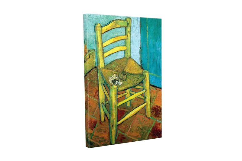 Lerretsbilde - Stående stol med stråsete og en liten dekorasjon på setet, Gul / Grønn / Oransje