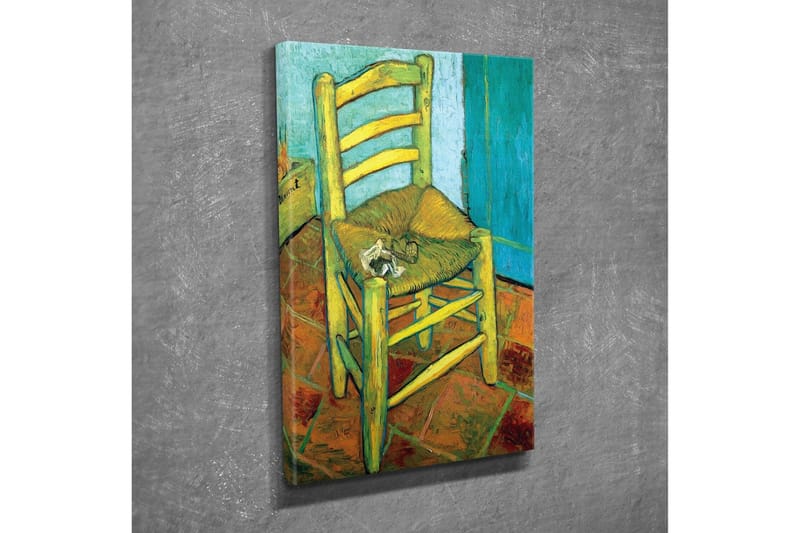 Lerretsbilde - Stående stol med stråsete og en liten dekorasjon på setet - Gul / Grønn / Oransje - Innredning - Bilder & kunst - Lerretsbilder