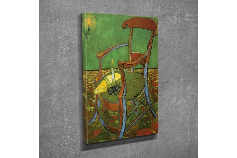 Lerretsbilde - Stående stol med tent lysestake og gul duk - Grønn / Brun / Gul - Innredning - Bilder & kunst - Lerretsbilder