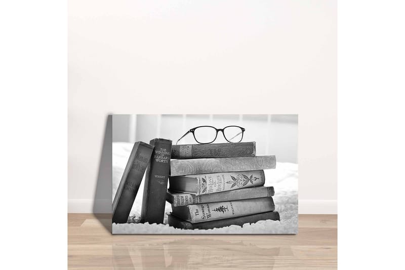 Lerretsbilde - Stabel med bøker med briller på toppen - Svart / Grå / Hvit - Innredning - Bilder & kunst - Lerretsbilder