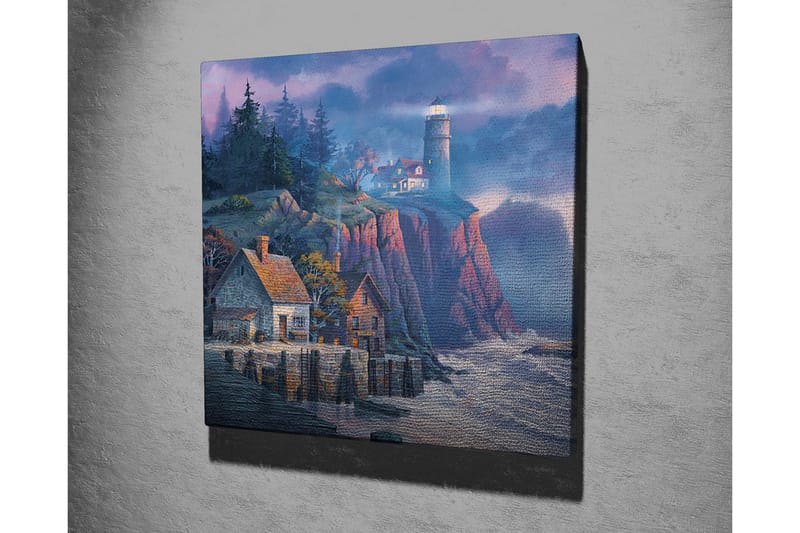 Lerretsbilde - Steinete kyst med fyr og pittoreske hus - Mørk blå / Grå / Rød - Innredning - Bilder & kunst - Lerretsbilder