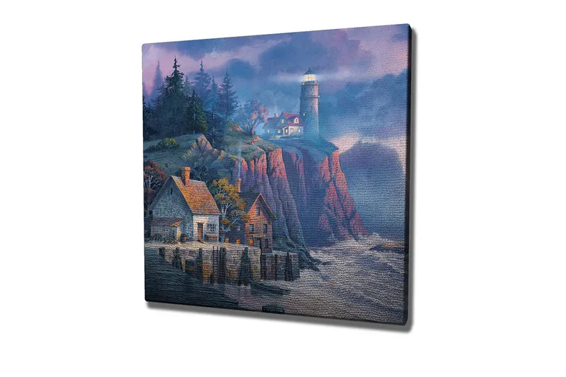 Lerretsbilde - Steinete kyst med fyr og pittoreske hus - Mørk blå / Grå / Rød - Innredning - Bilder & kunst - Lerretsbilder