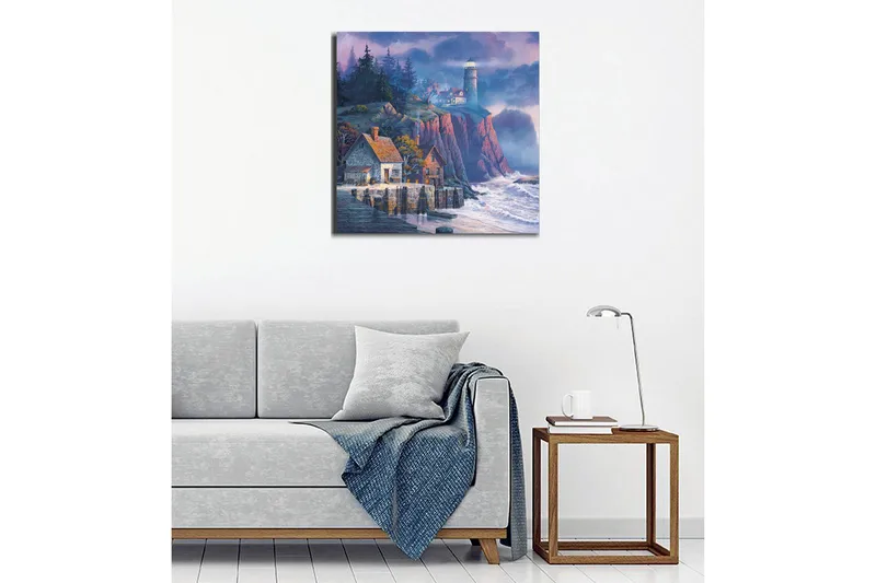 Lerretsbilde - Steinete kyst med fyr og pittoreske hus - Mørk blå / Grå / Rød - Innredning - Bilder & kunst - Lerretsbilder