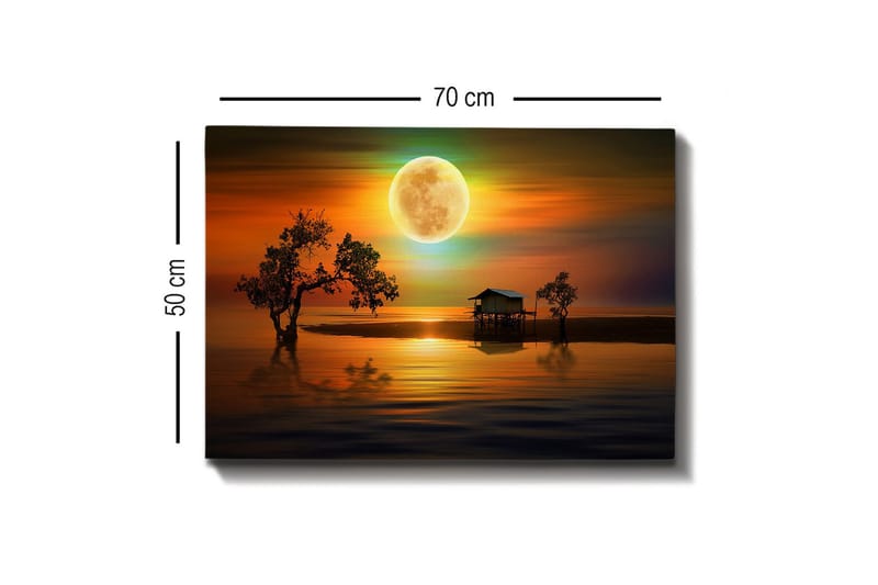 Lerretsbilde - Stemningsfullt landskap med en hytte ved vannet under en stor fullmåne - Oransje / Blå / Grønn - Innredning - Bilder & kunst - Lerretsbilder