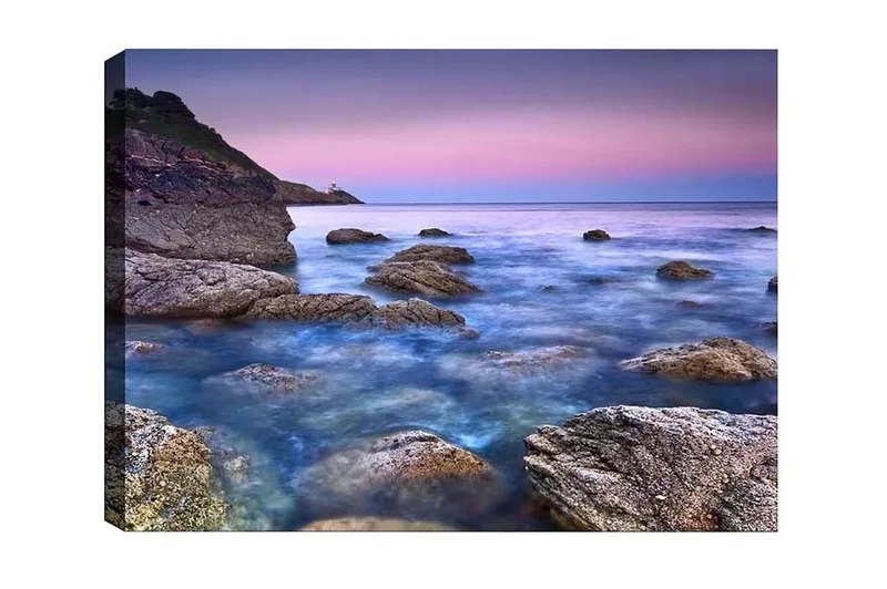 Lerretsbilde - Stemsmessig kystlandskap med klipper og hav, Blå / Grå / Lilla