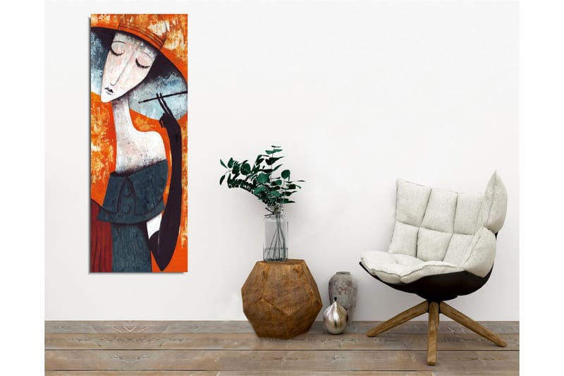 Lerretsbilde - Stilisert kvinne med hatt som holder en sigarett - Oransje / Mørk blå / Hvit - Innredning - Bilder & kunst - Lerretsbilder