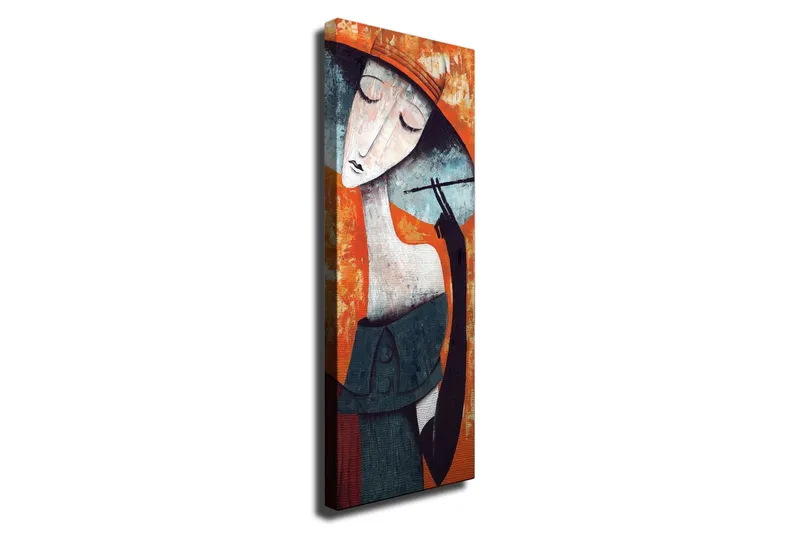 Lerretsbilde - Stilisert kvinne med hatt som holder en sigarett, Oransje / Mørk blå / Hvit