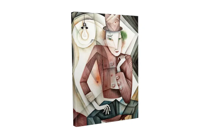 Lerretsbilde - Stilisert mann i hatt med mystisk blikk - Brun / Grønn / Beige - Innredning - Bilder & kunst - Lerretsbilder