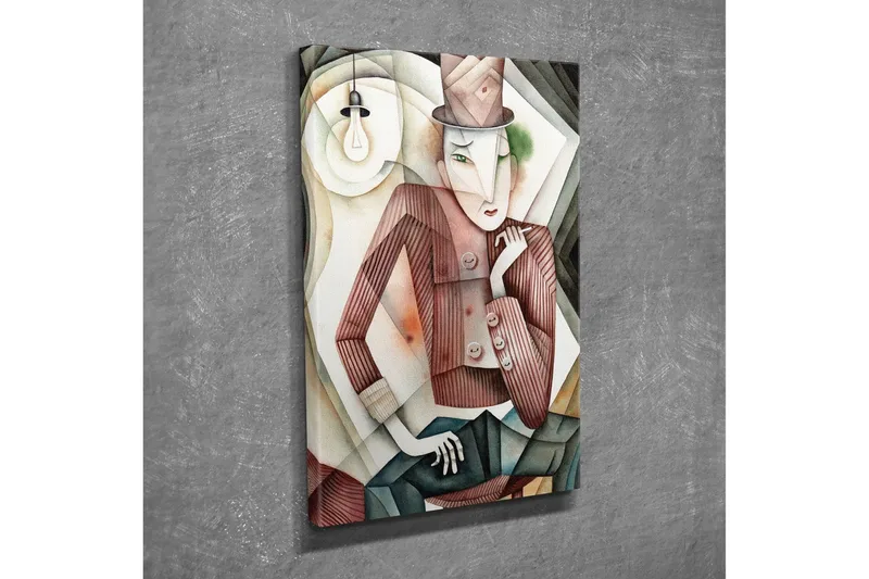 Lerretsbilde - Stilisert mann i hatt med mystisk blikk - Brun / Grønn / Beige - Innredning - Bilder & kunst - Lerretsbilder