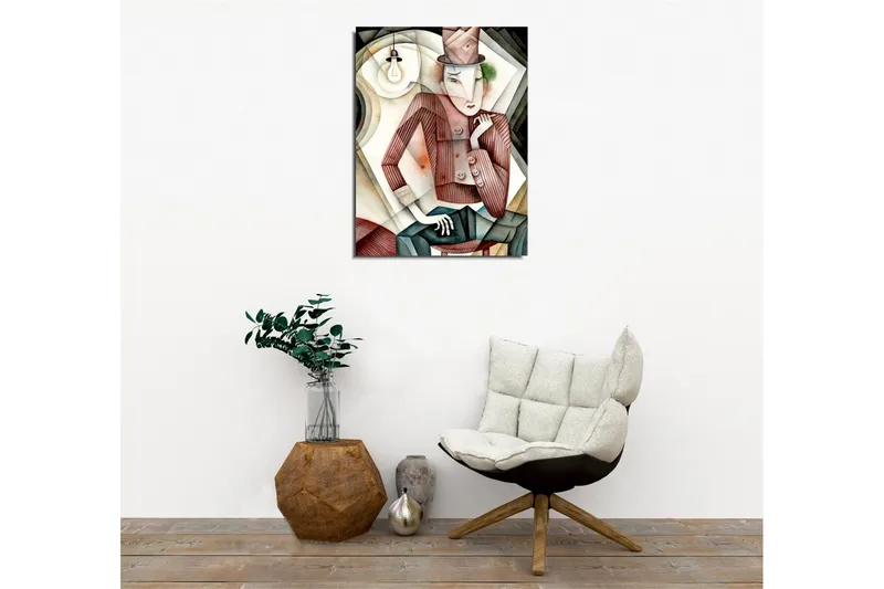 Lerretsbilde - Stilisert mann i hatt med mystisk blikk - Brun / Grønn / Beige - Innredning - Bilder & kunst - Lerretsbilder