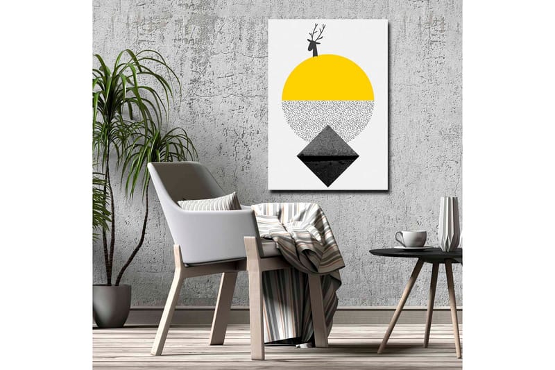 Lerretsbilde - Stilisert reinsdyr med sol og geometriske former - Gul / Svart / Hvit - Innredning - Bilder & kunst - Lerretsbilder