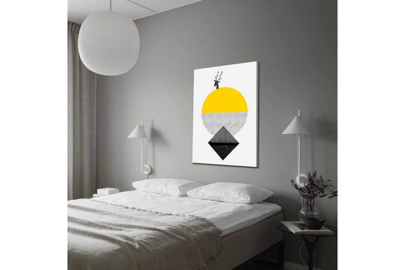 Lerretsbilde - Stilisert reinsdyr med sol og geometriske former - Gul / Svart / Hvit - Innredning - Bilder & kunst - Lerretsbilder