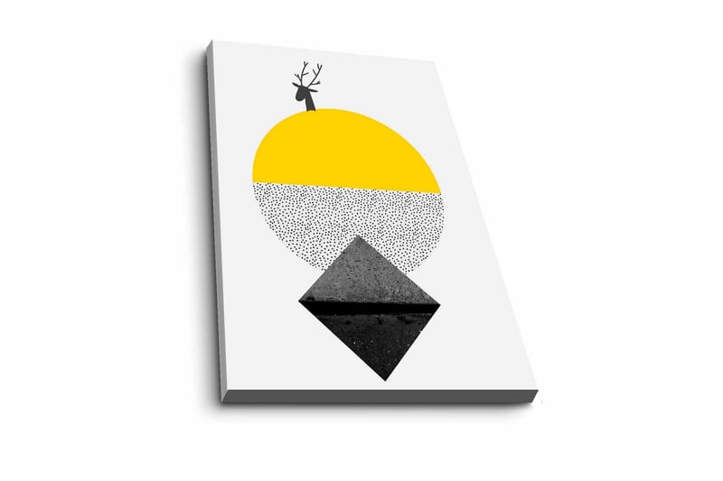 Lerretsbilde - Stilisert reinsdyr med sol og geometriske former - Gul / Svart / Hvit - Innredning - Bilder & kunst - Lerretsbilder