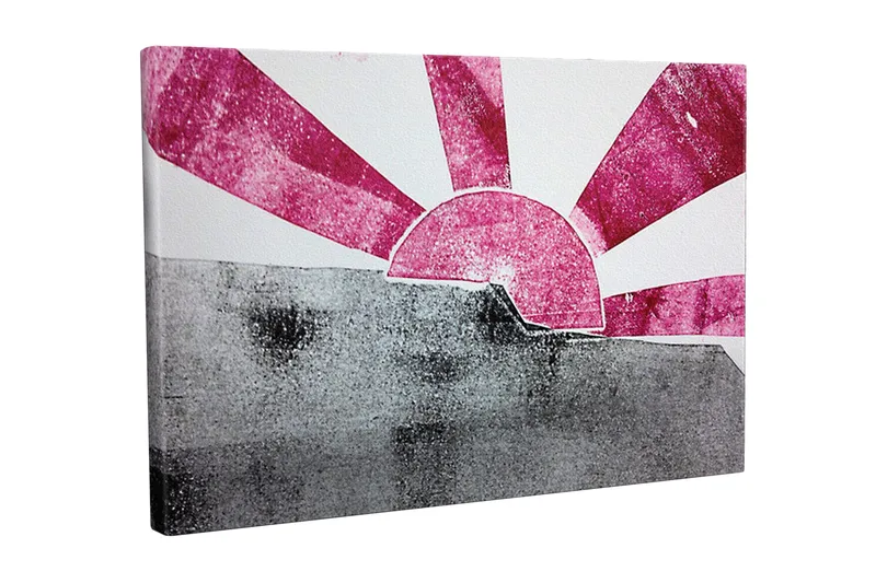 Lerretsbilde - Stilisert soloppgang med stråler i rosa og grått - Rosa / Grå - Innredning - Bilder & kunst - Lerretsbilder