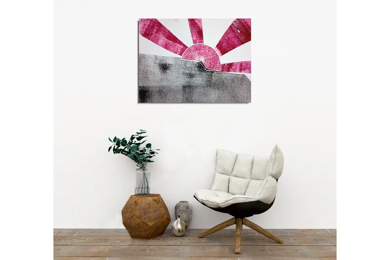 Lerretsbilde - Stilisert soloppgang med stråler i rosa og grått - Rosa / Grå - Innredning - Bilder & kunst - Lerretsbilder