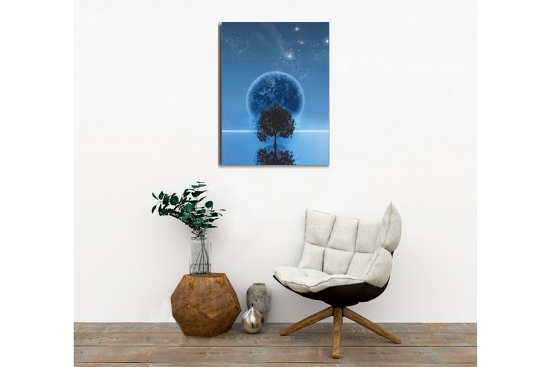 Lerretsbilde - Stjerneklar natt med en stor måne og silhuetten av et tre i horisonten - Mørk blå / Svart / Lys blå - Innredning - Bilder & kunst - Lerretsbilder