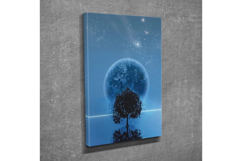 Lerretsbilde - Stjerneklar natt med en stor måne og silhuetten av et tre i horisonten - Mørk blå / Svart / Lys blå - Innredning - Bilder & kunst - Lerretsbilder