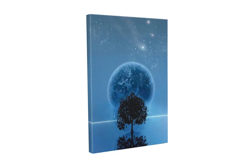 Lerretsbilde - Stjerneklar natt med en stor måne og silhuetten av et tre i horisonten, Mørk blå / Svart / Lys blå