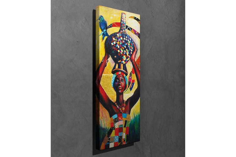 Lerretsbilde - Stolt kvinne som bærer en fargerik potte på hodet med en fugl på skulderen - Gul / Rød / Blå - Innredning - Bilder & kunst - Lerretsbilder