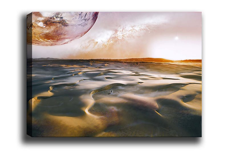 Lerretsbilde - Storslått ørkenlandskap med en planet i bakgrunnen, Gull / Brun / Oransje
