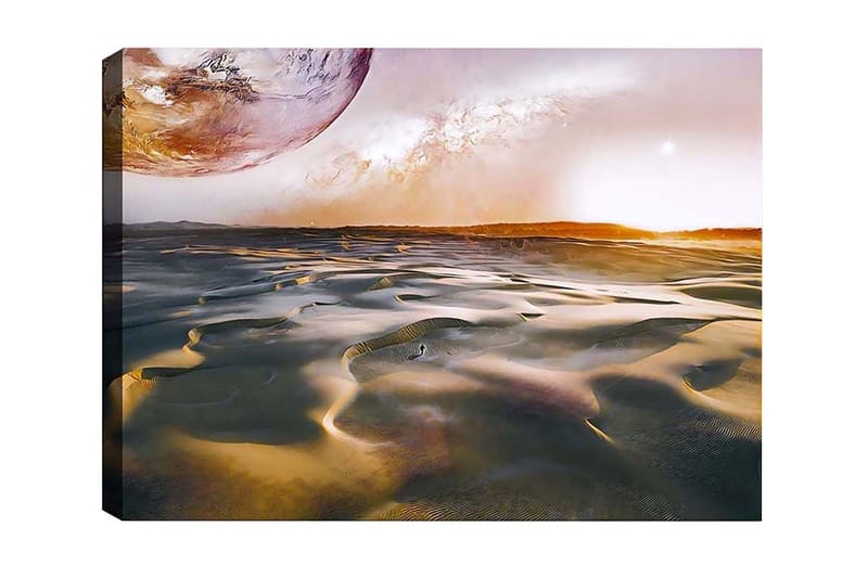 Lerretsbilde - Storslått ørkenlandskap med en planet i bakgrunnen - Gull / Grå / Oransje - Innredning - Bilder & kunst - Lerretsbilder