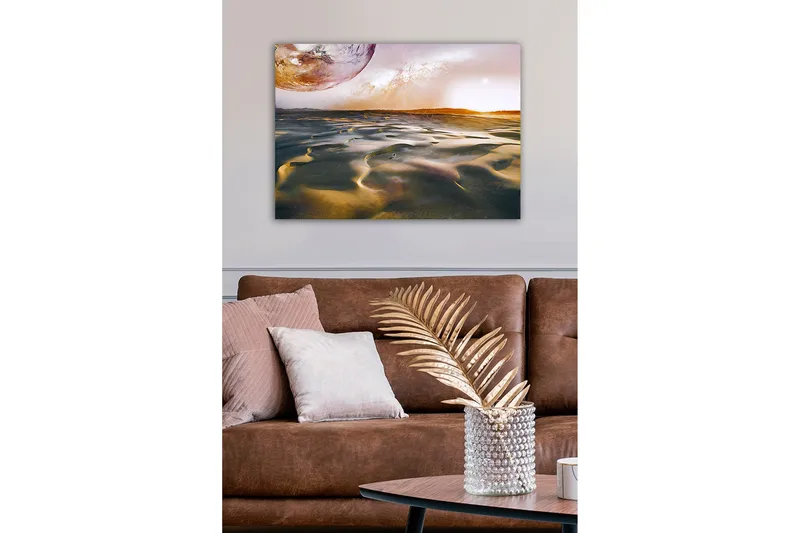 Lerretsbilde - Storslått ørkenlandskap med en planet i bakgrunnen - Gull / Grå / Oransje - Innredning - Bilder & kunst - Lerretsbilder
