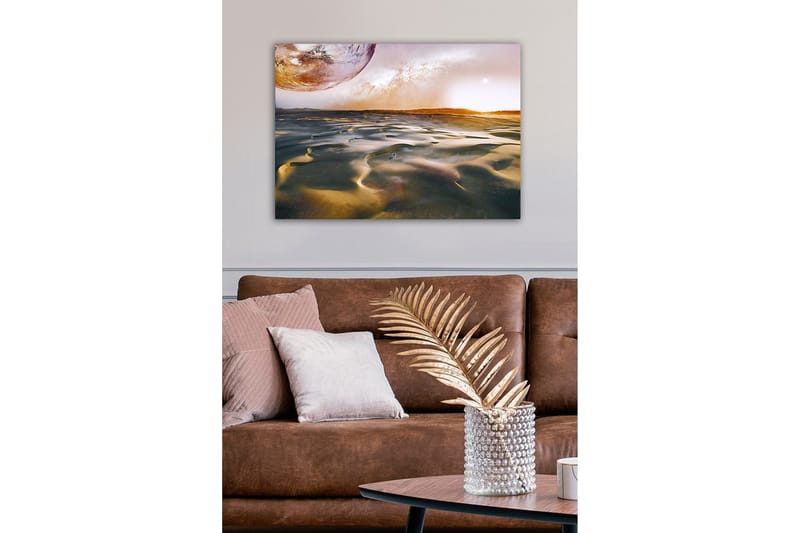 Lerretsbilde - Storslått ørkenlandskap med en planet i bakgrunnen - Gull / Grå / Oransje - Innredning - Bilder & kunst - Lerretsbilder