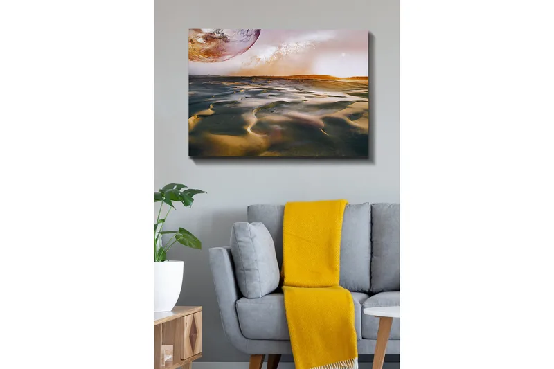 Lerretsbilde - Storslått ørkenlandskap med en planet i bakgrunnen - Gull / Brun / Oransje - Innredning - Bilder & kunst - Lerretsbilder