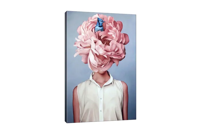 Lerretsbilde - Storslått blomst som erstatter hodet til en kvinne, Lys rosa / Blå / Hvit