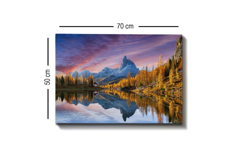 Lerretsbilde - Storslått fjellandskap med refleksjon i innsjø - Gull / Blå / Grå - Innredning - Bilder & kunst - Lerretsbilder