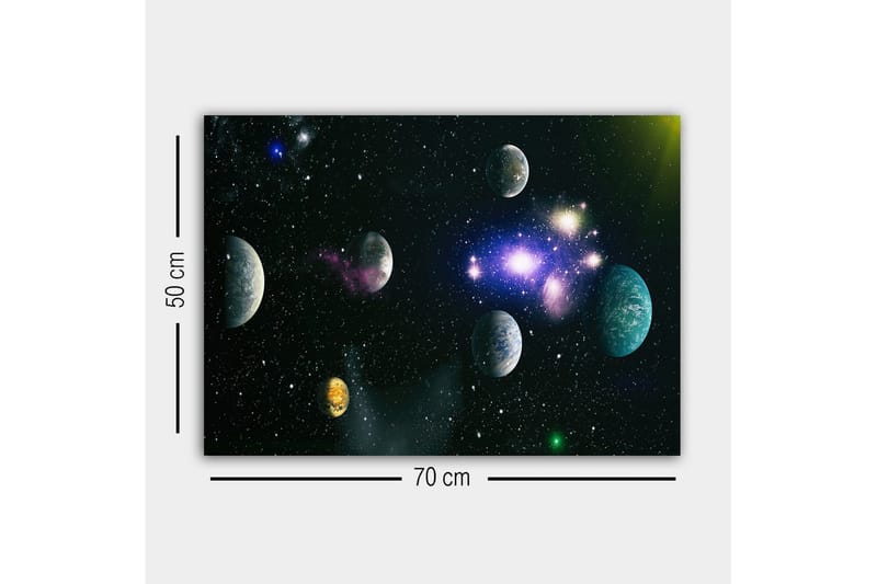 Lerretsbilde - Storslått romscene med flere planeter og stjerner - Blå / Grønn / Lilla - Innredning - Bilder & kunst - Lerretsbilder